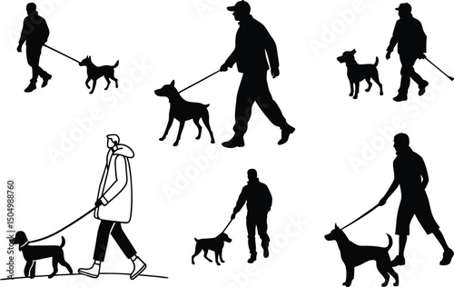 Dog Walking Silhouette, Minimalist Black and White Pet Care Design.