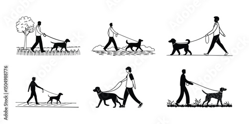 Dog Walking Silhouette, Minimalist Black and White Pet Care Design.