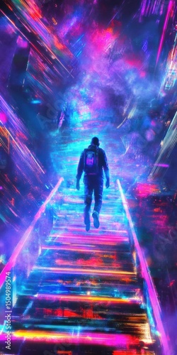 A lone traveler climbs a glowing neon staircase in a surreal, sci-fi-inspired landscape, the vibrant lights casting futuristic shadows.