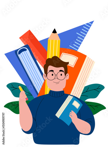 Young men hold an education book in hand. Smiling students. Flat vector illustrations are isolated with a white background, education template, back to school, banners, brochures, educational themes.