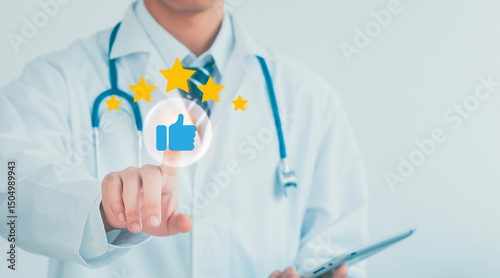 Customer rating and review concept showing users giving 5-star feedback on medical products working with EMR technology electronic medical record concept