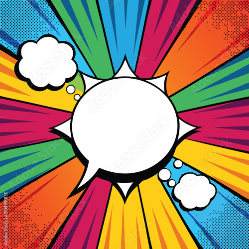 Colorful comic book background.Blank white speech bubbles of different shapes. Rays, radial, halftone, dotted effects. Vector illustration in pop art style