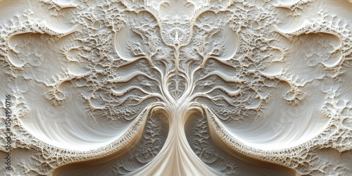 A siliver fractal pattern that morphs into organic shapes resembling a tree of life