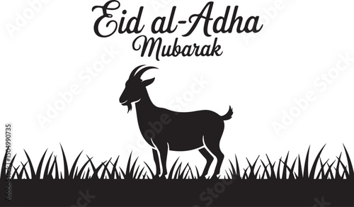 Eid Al-Adha Mubarak with Goat Silhouette on Grassy Landscape