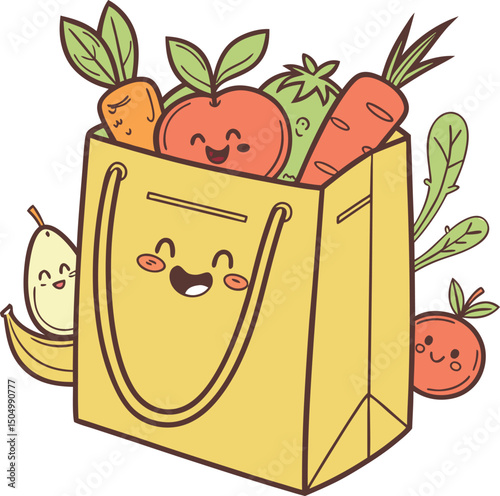 happy grocery bag full of fruits and vegetables