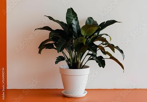 Potted palm tree orange background