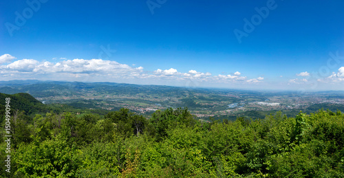 Panorama of Serbia and Bosnia divided by the Drina River, which marks the border