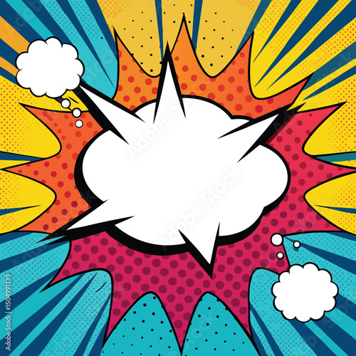 Colorful comic book background.Blank white speech bubbles of different shapes. Rays, radial, halftone, dotted effects. Vector illustration in pop art style