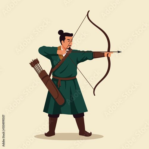 Archer Aiming Bow and Arrow in Traditional Costume with Quiver