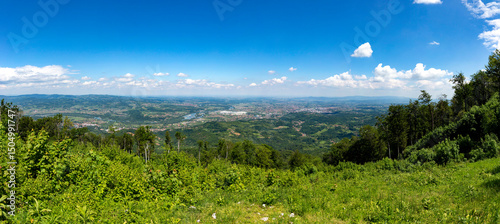Panorama of Serbia and Bosnia divided by the Drina River, which marks the border
