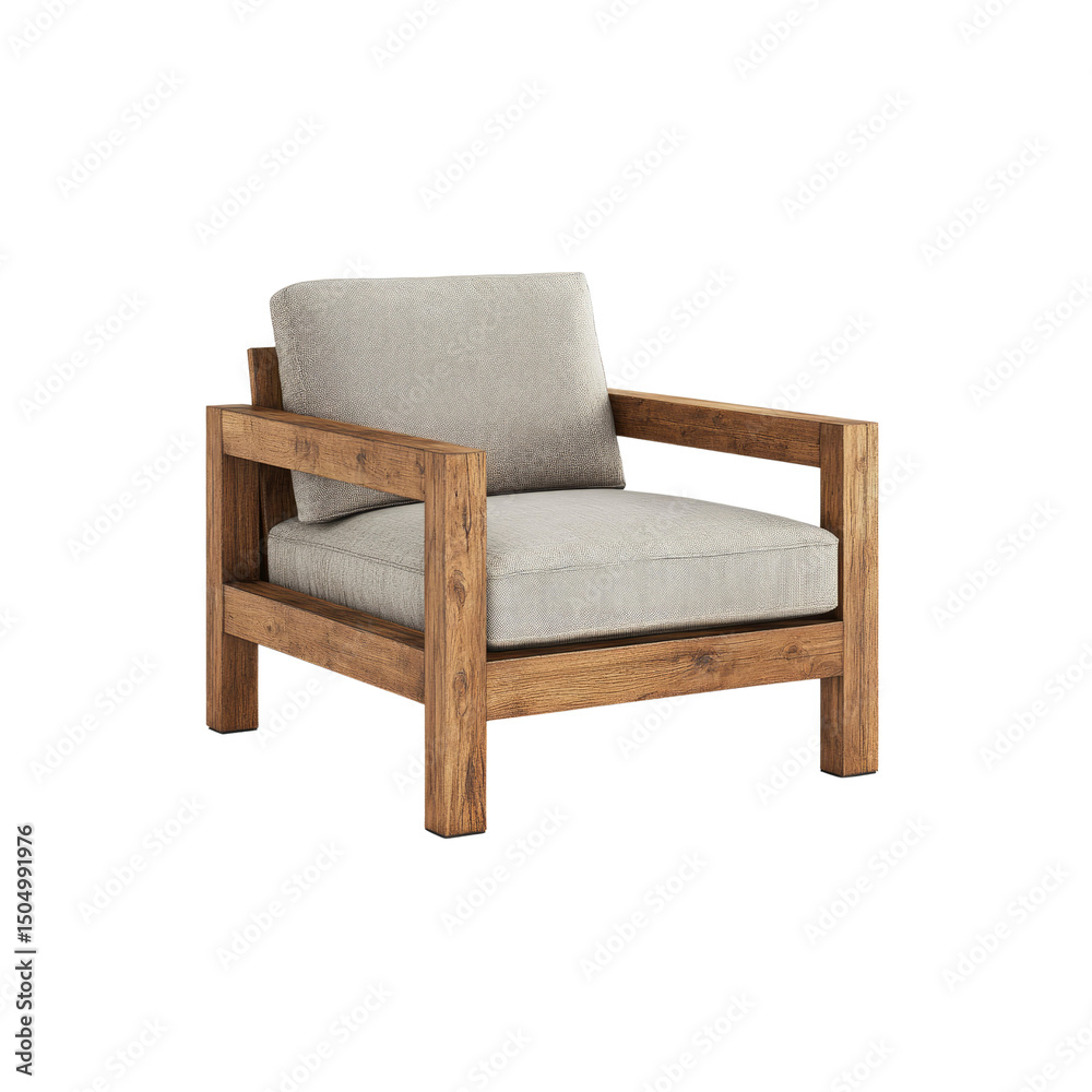 Fototapeta premium Modern Wooden Armchair with Light Grey Cushion - Contemporary Home Furniture