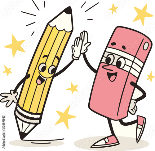 happy pencil and eraser giving high five cartoon