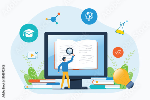 online education and E-learning concept with students reading  books online and working on computer monitors. flat vector illustration design
