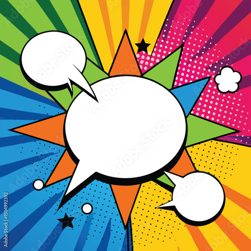 Colorful comic book background.Blank white speech bubbles of different shapes. Rays, radial, halftone, dotted effects. Vector illustration in pop art style