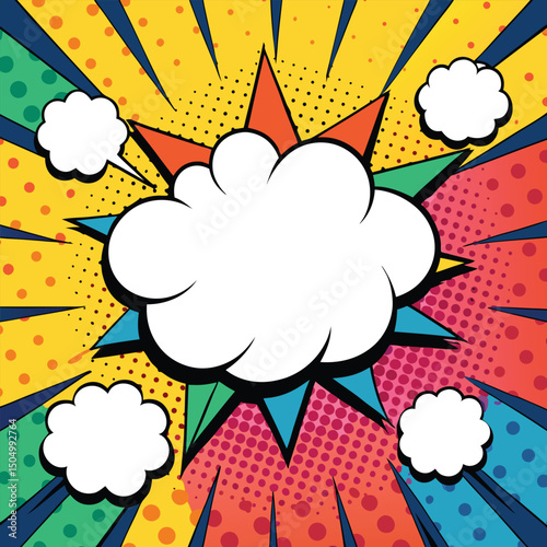 Colorful comic book background.Blank white speech bubbles of different shapes. Rays, radial, halftone, dotted effects. Vector illustration in pop art style