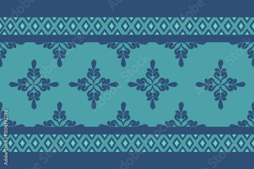 Ikat seamless floral pattern on bule tone , Motif ethnic floral seamless textil, embroidery, print striped ornament floral, pattern, design for wrapping, silk, scarf, background, text