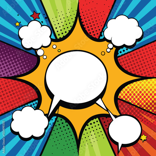 Colorful comic book background.Blank white speech bubbles of different shapes. Rays, radial, halftone, dotted effects. Vector illustration in pop art style