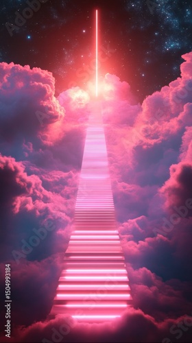 A mesmerizing celestial vision of a luminous neon staircase leading toward an ethereal, glowing portal in the sky.