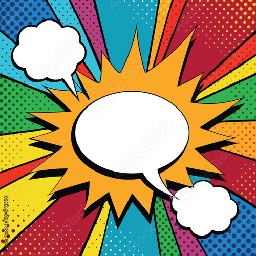 Colorful comic book background.Blank white speech bubbles of different shapes. Rays, radial, halftone, dotted effects. Vector illustration in pop art style