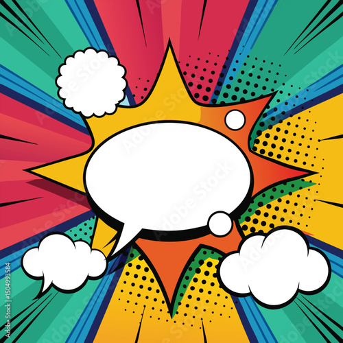 Colorful comic book background.Blank white speech bubbles of different shapes. Rays, radial, halftone, dotted effects. Vector illustration in pop art style