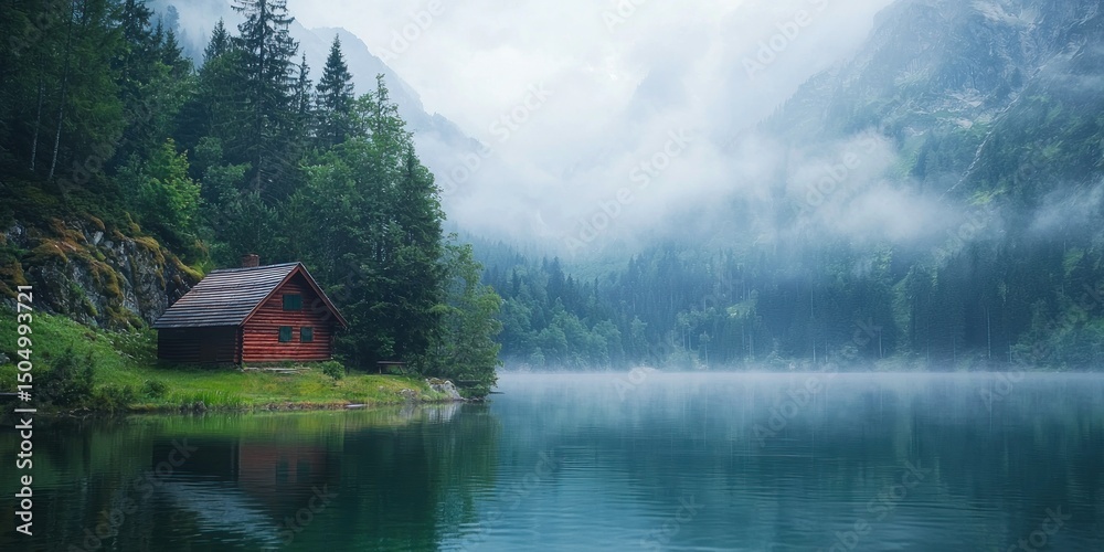 Fototapeta premium A small wooden cabin by a tranquil mountain lake, with mist hovering over the water