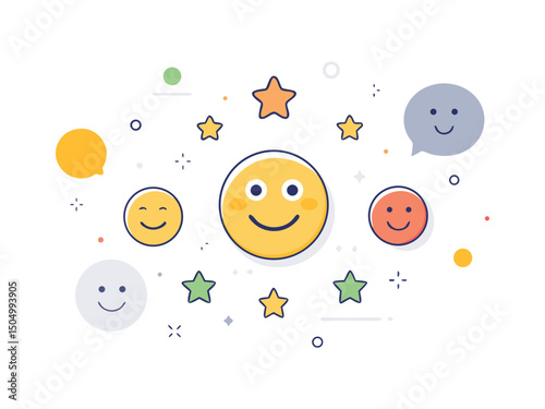 Happy emojis with stars and speech bubbles isolated on white background
