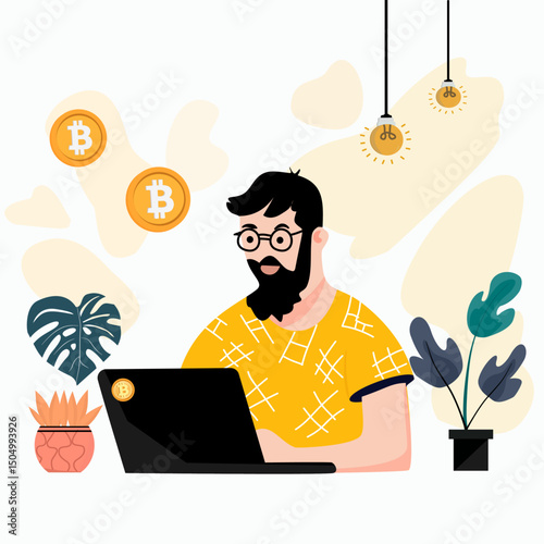 The image includes a male investor, a mobile phone and a Bitcoin digital coin.. The idea of ​​investing in crypto or bitcoin