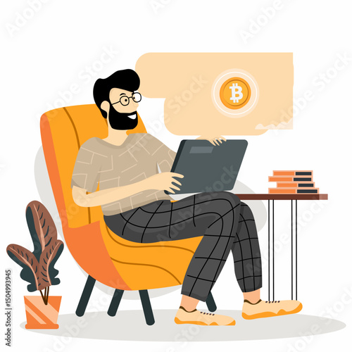 The image includes a male investor, a mobile phone and a Bitcoin digital coin.. The idea of ​​investing in crypto or bitcoin