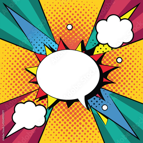 Colorful comic book background.Blank white speech bubbles of different shapes. Rays, radial, halftone, dotted effects. Vector illustration in pop art style