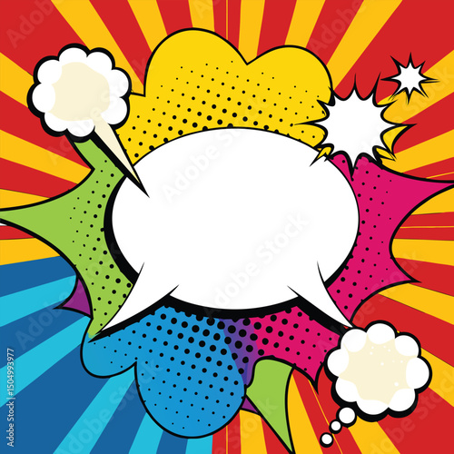 Colorful comic book background.Blank white speech bubbles of different shapes. Rays, radial, halftone, dotted effects. Vector illustration in pop art style