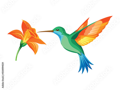 Hummingbird and orange lily flower isolated on white background
