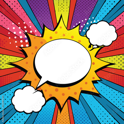 Colorful comic book background.Blank white speech bubbles of different shapes. Rays, radial, halftone, dotted effects. Vector illustration in pop art style