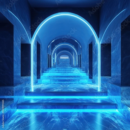A modern interior featuring grand marble stairs, bathed in soft blue neon lighting, creating a luxurious, futuristic ambiance.