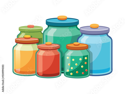 Colorful glass jars set isolated on white background
