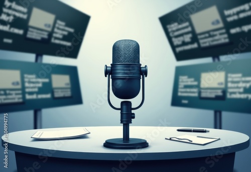 Empty news desk featuring a microphone and teleprompter screens