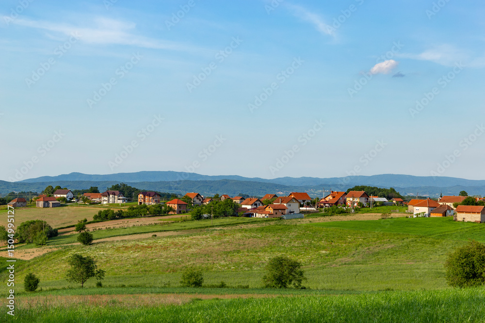 Naklejka premium Rural area in western Serbia. Fields and hills and mountains on the horizon.