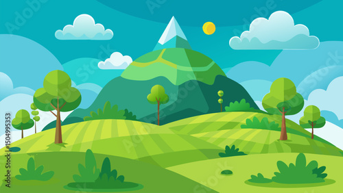 Serene Green Landscape. Rolling Hills. Blue Sky. and Majestic Mountain