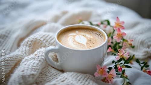 Cozy coffee scene with floral accents and knit blanket