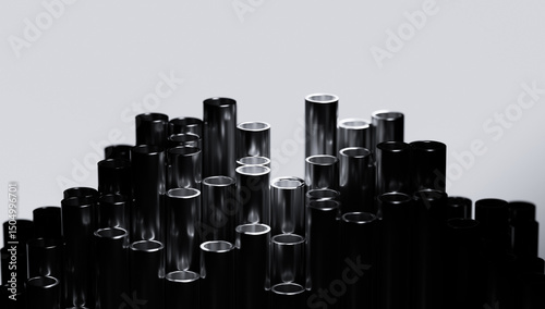 3D illustration of glossy black metallic tubes standing upright in an abstract clustered formation. Modern, minimal, and futuristic visual concept on a light background.