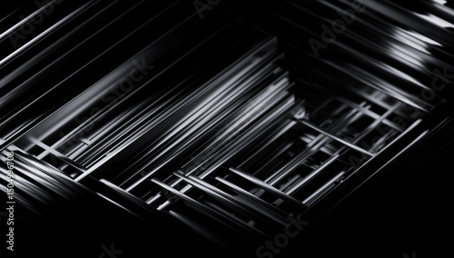 Fototapeta Naklejka Na Ścianę i Meble -  Geometric abstract 3D render of metallic lines forming a futuristic tunnel structure. High-contrast black and white digital composition with minimalist and modern design. Ideal for technology, sci-fi,