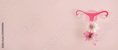 uterus and pink flowers, female reproductive system , woman health, PCOS, gynecologic and cervix cancer concept
