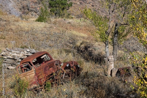 Remnants of an old rusty car.