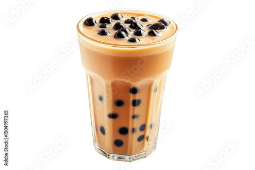 Creamy bubble milk tea with tapioca pearls in glass cup, isolated on white transparent background, concept of refreshing drink