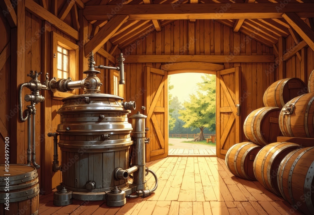 Cider-press barn featuring a stainless apple grinder and wooden barrels Cider-press barn featuring a stainless apple grinder and wooden barrels