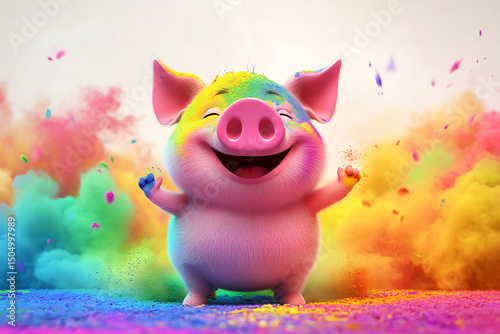 Joyful pig covered in colorful powder celebrating in a vibrant festival atmosphere photo