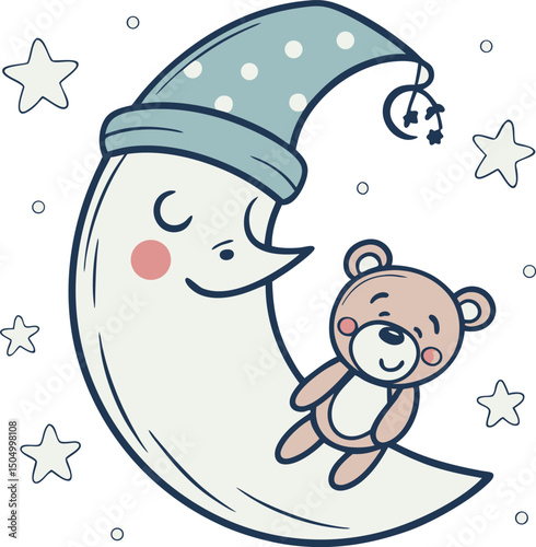 cute moon teddy bear sleeping stars night cartoon