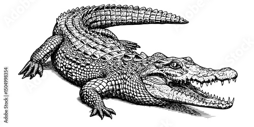 crocodile engraving, vintage vector line art illustration, isolated on transparent background