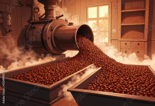 Chocolate bean roastery winnower chute spilling nibs into cooling trays