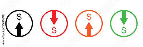 Dollar price up and down icon line style. Dollar coin graph up and down. Money cost arrow growth, decline. Dollar increase and decrease vector icons. Vector Illustration . EPS 20 . 