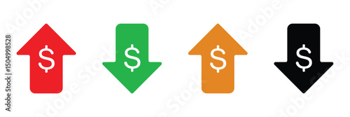 Dollar price up and down icon line style. Dollar coin graph up and down. Money cost arrow growth, decline. Dollar increase and decrease vector icons. Vector Illustration . EPS 20 . 